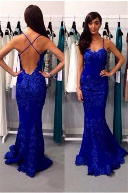 Sexy Backless Royal Blue Evening Dress Lace Mermaid Prom Dress