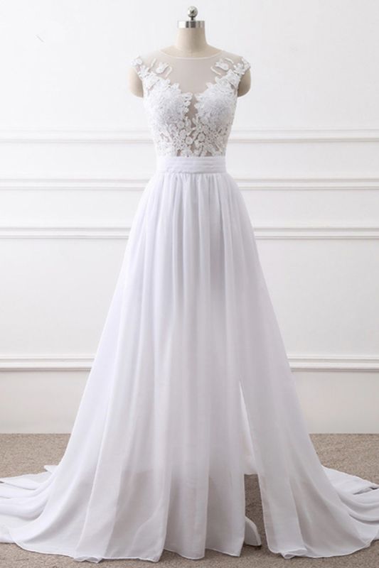 Bradyonlinewholesale Elegant Jewel Chiffon Lace White Wedding Dress A-Line Sleeveless Appliques Bridal Gowns with Slit On Sale