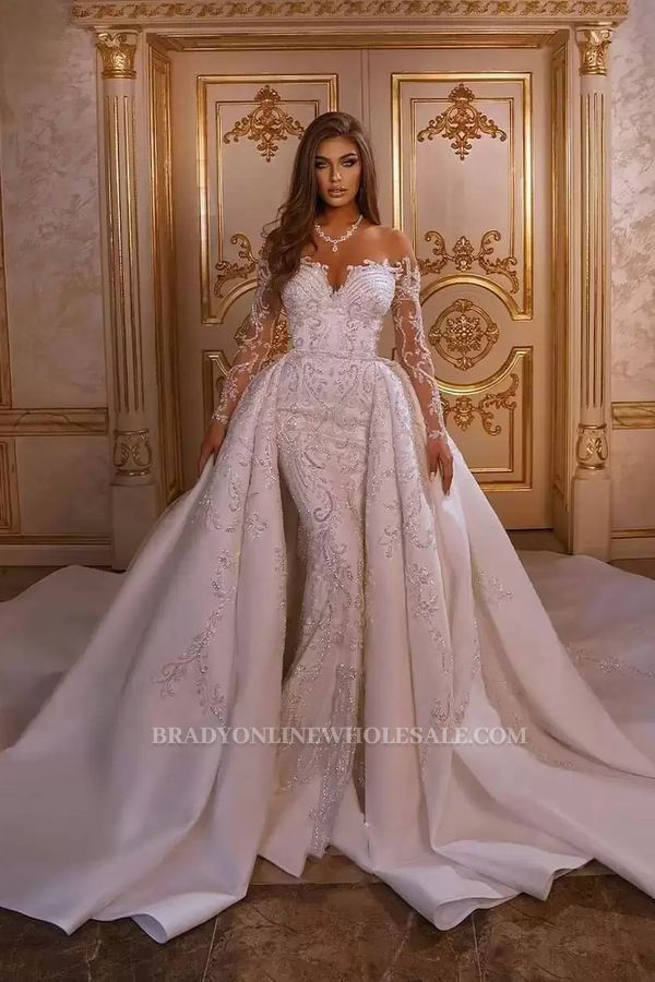 Luxurious Mermaid Glitter Crystals Wedding Dress with Sleeves Long Sweep Train Floral Appliques Bridal Gown