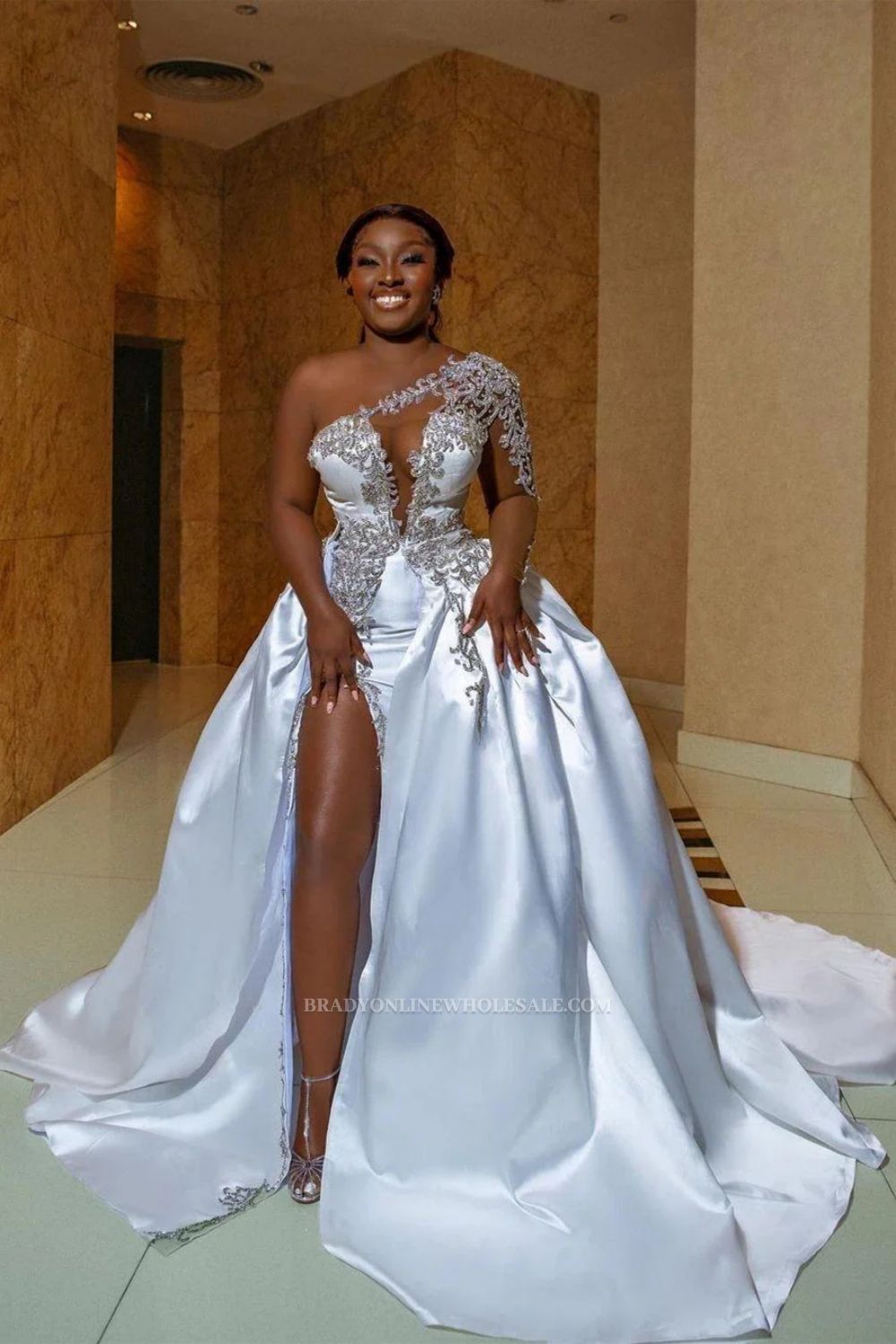 Gorgeous One Shoulder Satin Aline Wedding Dresses Beadings Front Split Bridal Gown