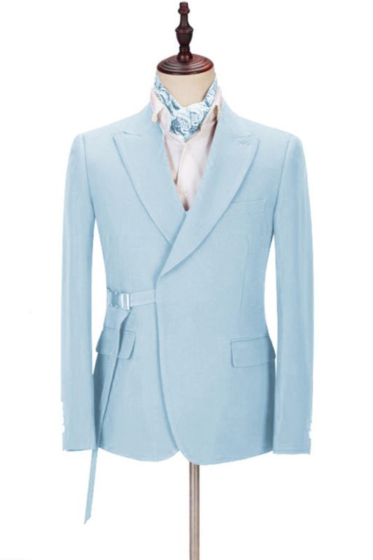 Justin Custom Sky Blue Pointed Lapel Mens Suit with Adjustable Buckle