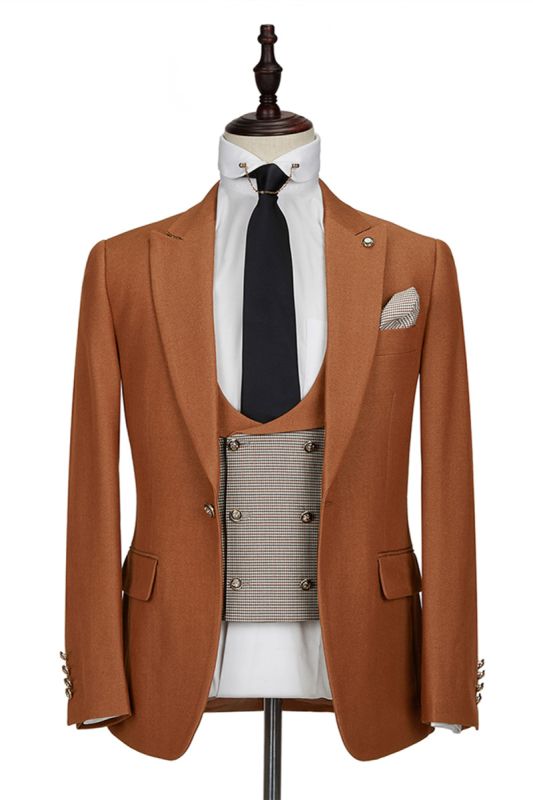 Orange Peak Lapel 3 Piece Mens Suit with Double Breasted Waistcoat