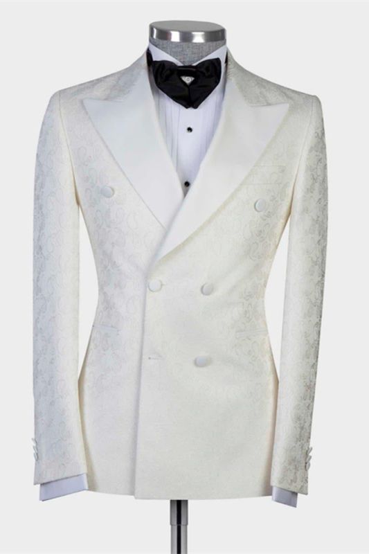 Mekhi White Jacquard Double Breasted Point Lapel Mens Wedding Suit