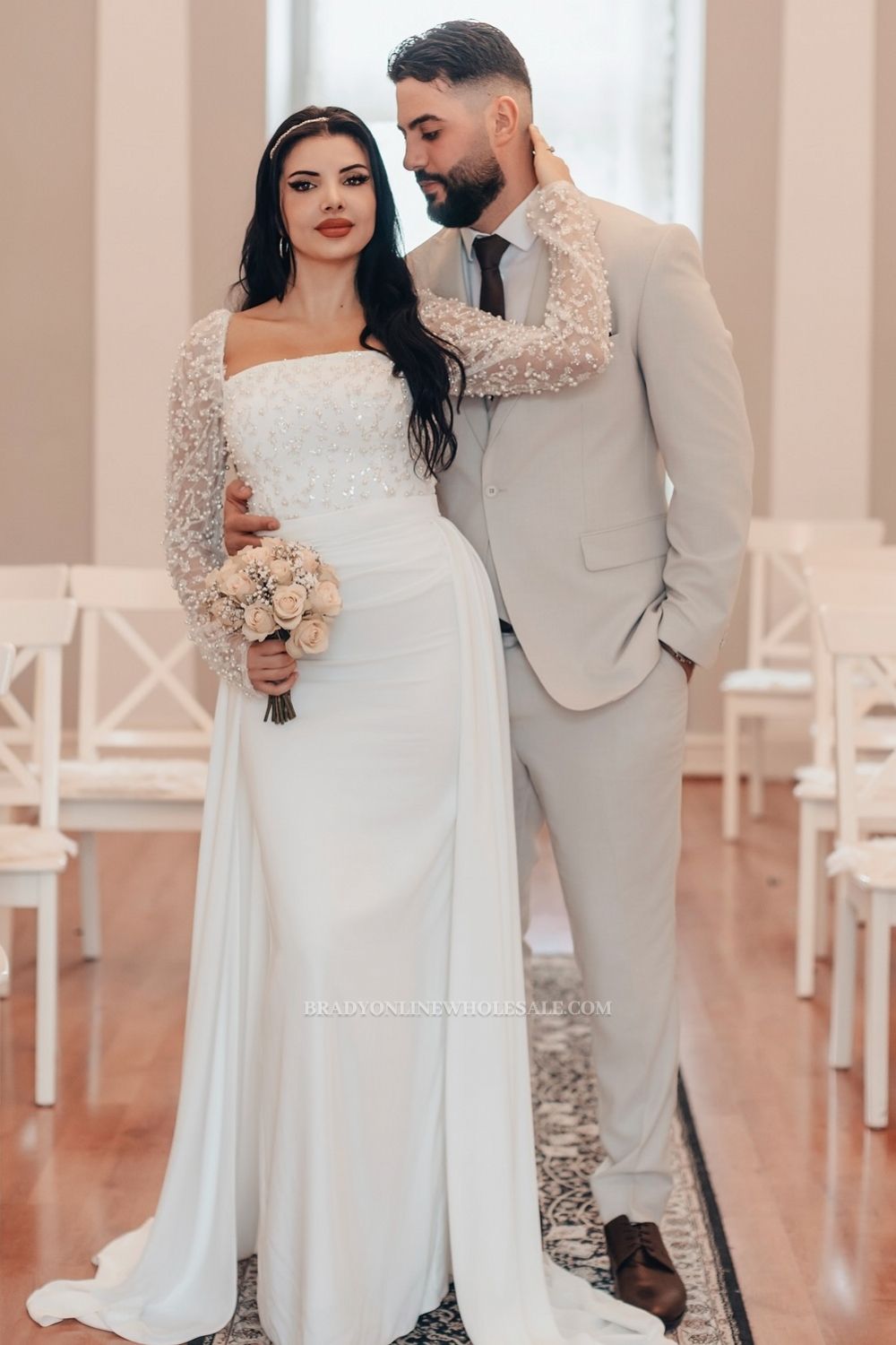 Square Neckline Sequins Long Sleeve Column Wedding Dresses