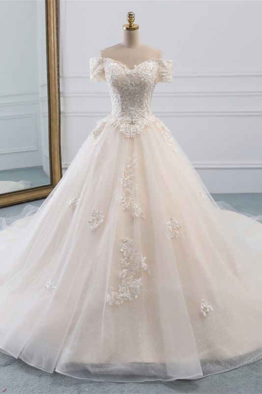 Bradyonlinewholesale Affordable Off-the-Shoulder White Tulle Lace Wedding Dress Sweetheart Appliques Bridal Gowns On Sale