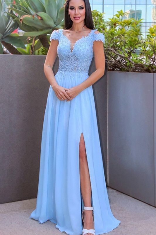 Cap sleeves sky blue high split prom dress with lace appliques
