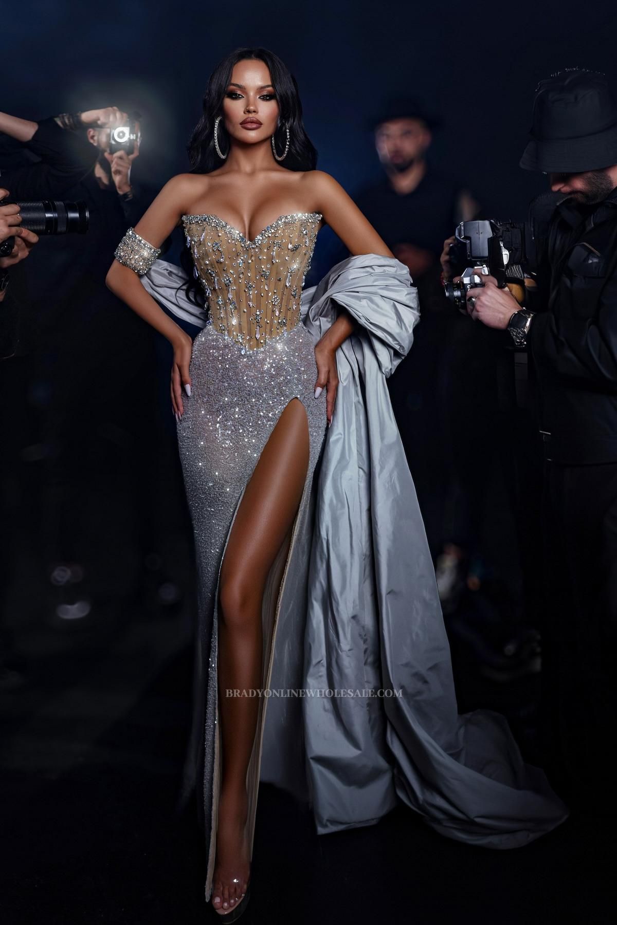 Luxury Ball Gowns Long Glitter Prom Dresses Silver