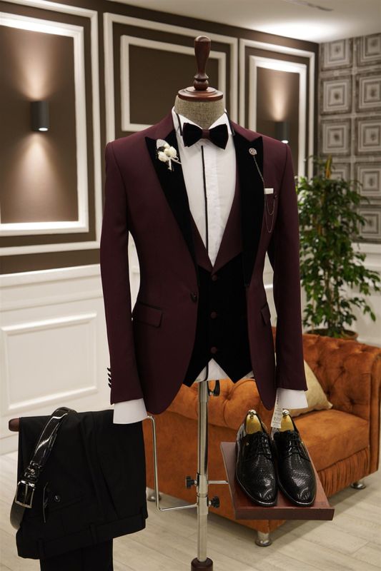 Herbert Burgundy 3-Piece Point Lapel Slim Fit Prom Mens Suit