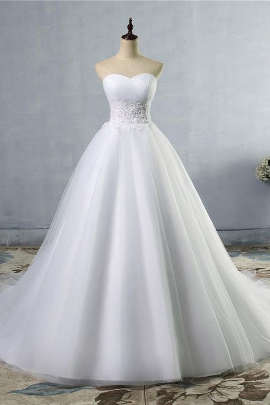 Strapless Lace Appliques Ball Gown Wedding Dresses | Sleeveless Bridal Gowns with Sweep Train