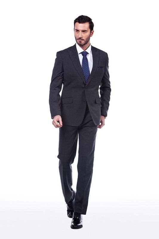 Classic Solid Dark Grey Mens Point Lapel Suit with Flap Pockets