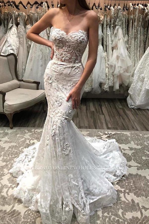 Charming Sweetheart Lace Applique Mermaid Wedding Dress| Bridal Gowns