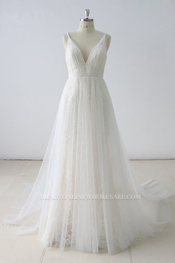 Bradyonlinewholesale Gorgeous Simple White Lace V-Neck Long Wedding Dress Sleeveless Appliques Bridal Gowns On Sale