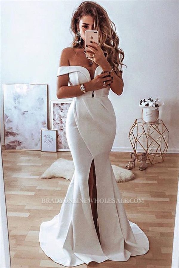 Elegant Off The Shoulder Satin Wedding Dress Cheap | Simple Mermaid Front Slit Sexy Bridal Dresses Online