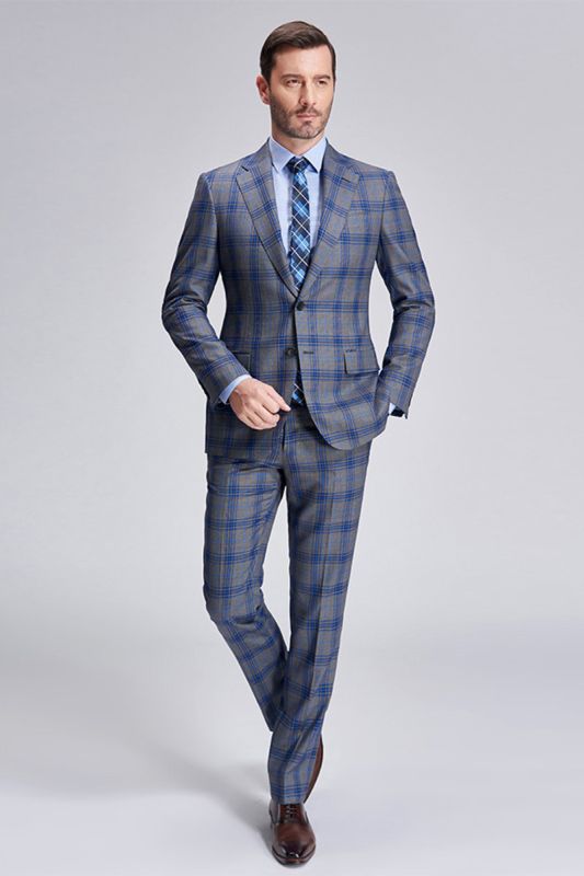 Premium Blue Plaid Grey Mens Suit | Mens Notched Lapel Two Button Suit