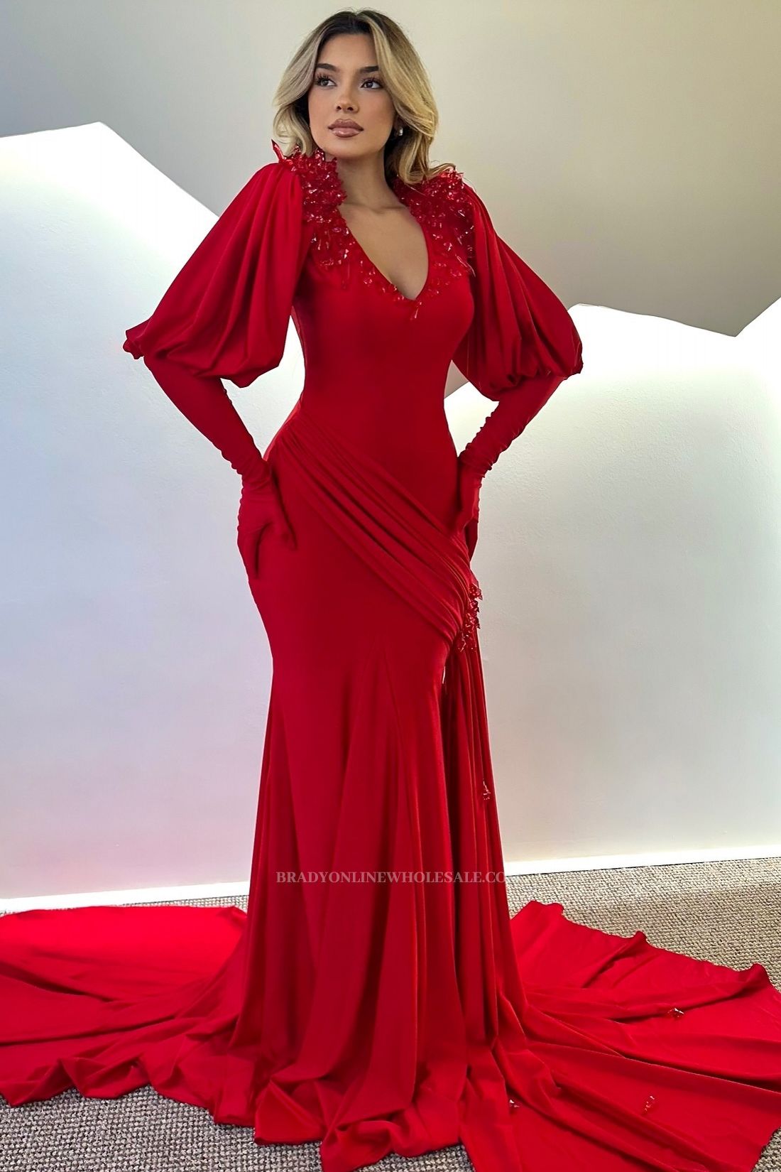 Red Evening Dress Long With Sleeves Prom Dresses Cheap