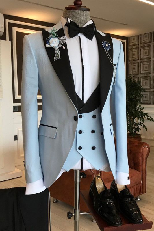 Angel Sky Blue 3 Piece Black Pointed Lapel Slim Fit Prom Mens Suit