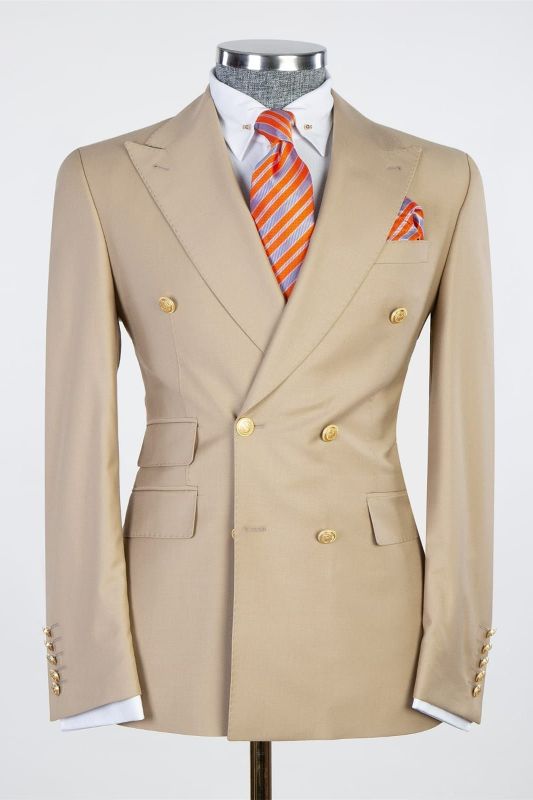 Khaki Double Breasted Point Collar Men's Business Suit
