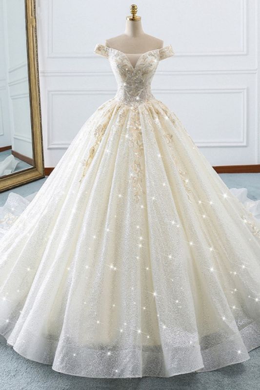 Bradyonlinewholesale Sparkly Sequined Off-the-Shoulder Wedding Dress Ball Gown Sweetheart Appliques Bridal Gowns Online
