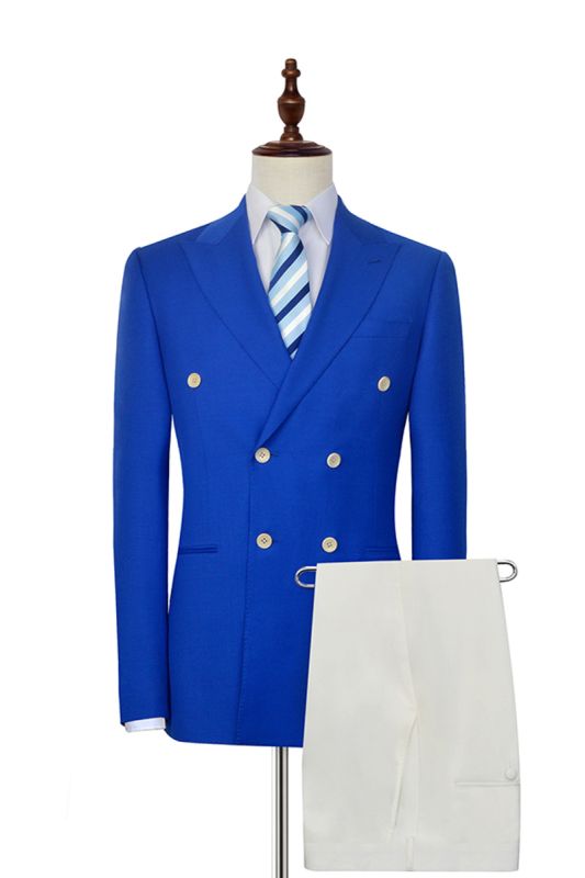 Peak Lapel Royal Blue Double Breasted Mens Suit |  Six Button Fashion Casual Suit