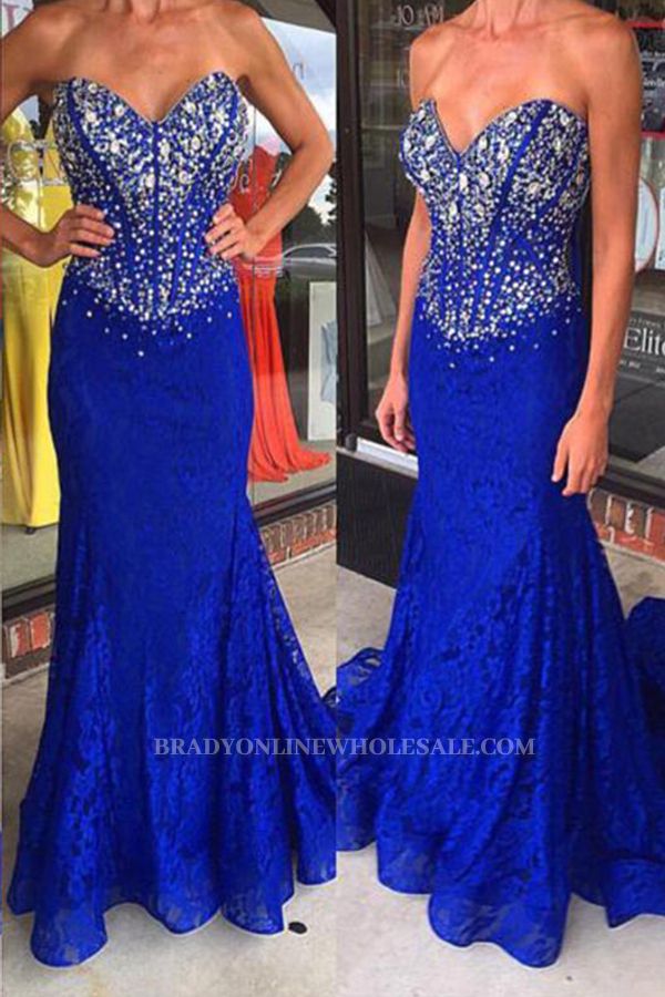 Lace Sheath Royal Blue Crystal Evening Gown Mermaid Sweetheart Prom Dresses