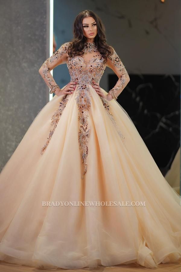 Luxury Wedding Dresses Champagne | Princess Wedding Dresses Glitter with Sleeves