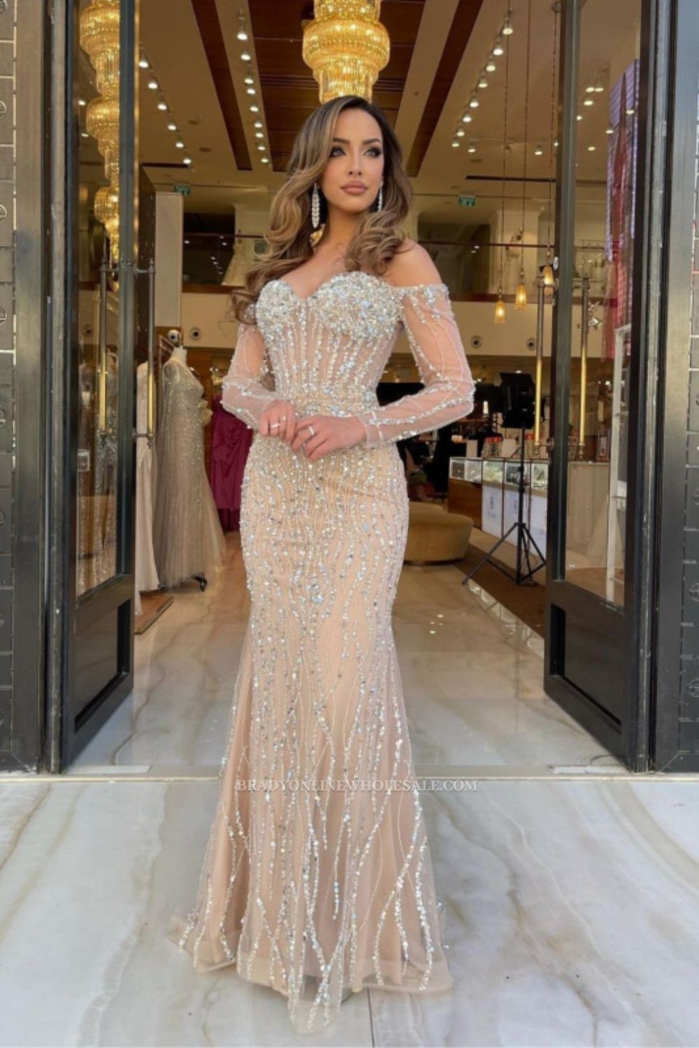 Charming Long Sleeves Sweetheart Sequins Beaded Mermaid Prom Dress