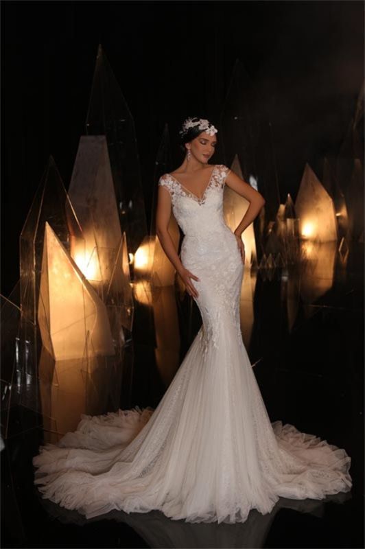 Designer Mermaid V Neck Sleeveless Lace Wedding Dress