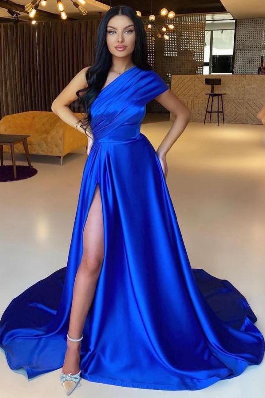 One Shoulder Ruched Satin Prom Dress Royal Blue Side Split Evening Party Dress