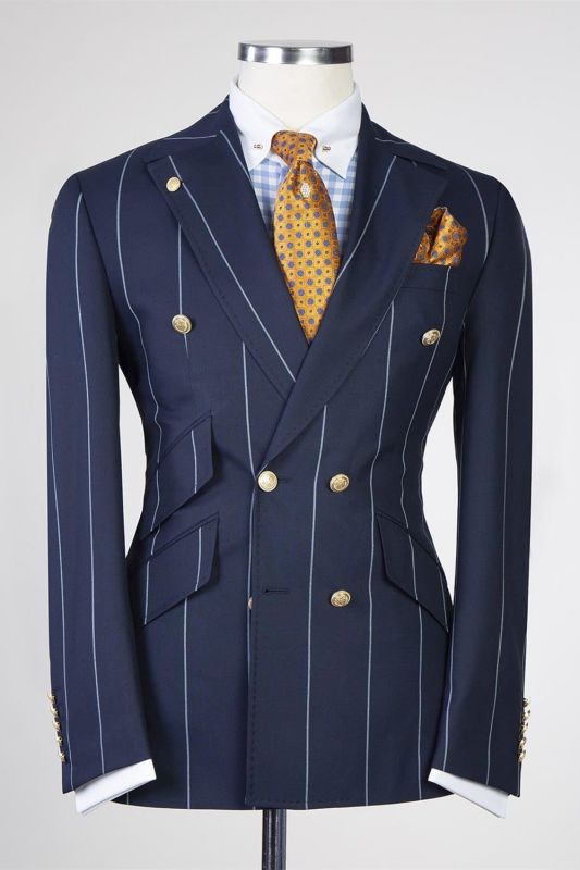 New Navy Blue Striped Point Collar Double Breasted Suit