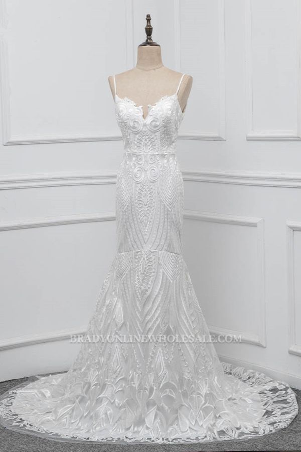 Bradyonlinewholesale Chic Spaghetti Straps V-Neck White Wedding Dresses Appliques Sleeveless Bridal Gowns On Sale