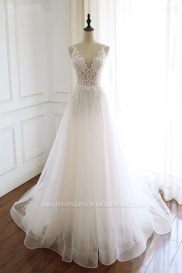 Bradyonlinewholesale Gorgeous White Tulle Lace Long Wedding Dress Sleeveless Custom Size Bridal Gowns On Sale