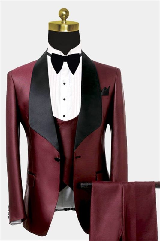 Fashion Burgundy Three Pieces Men Suits | Black Shawl Lapel Tuxedo Online