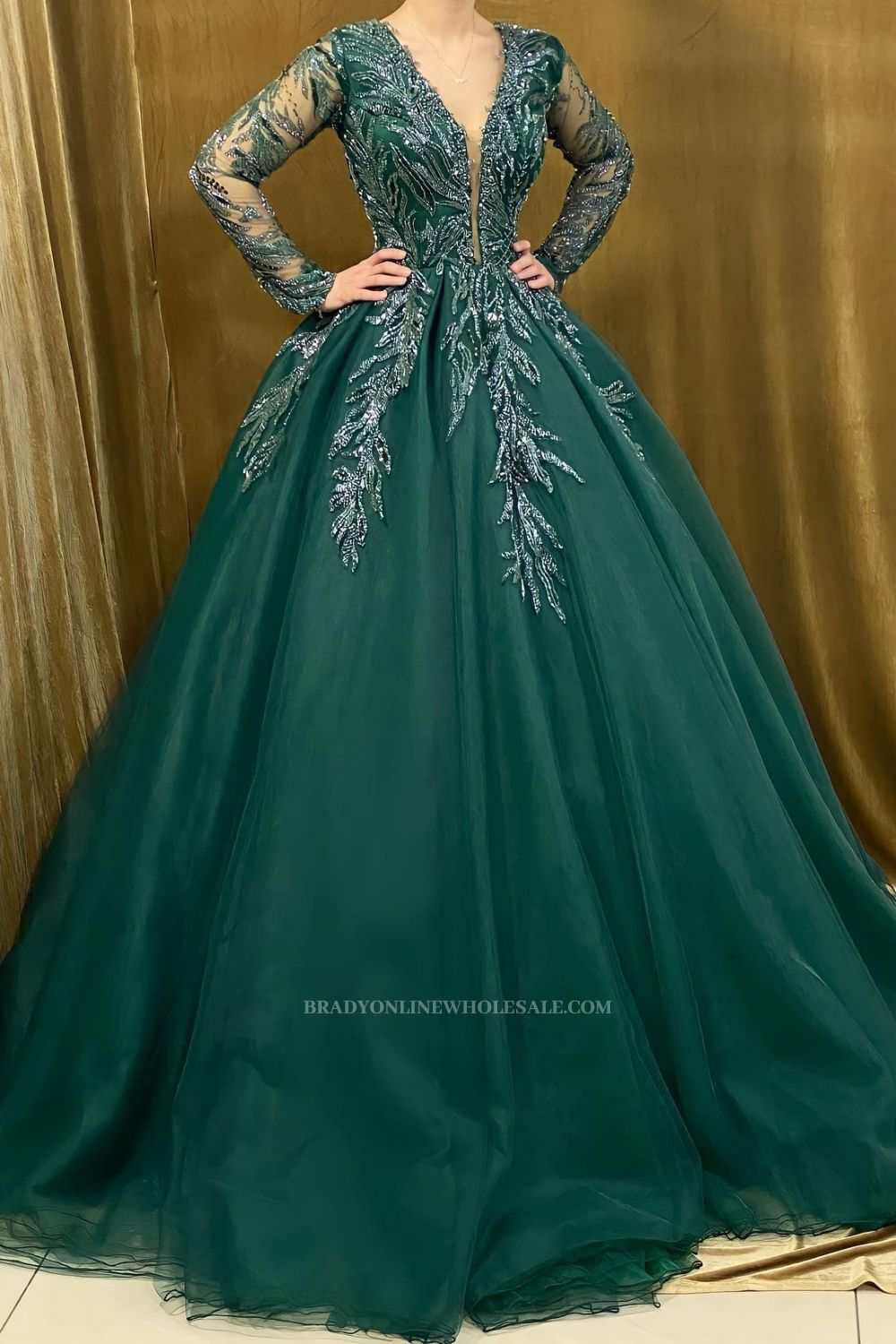 Green Evening Dresses Long with Sleeves Tulle Ball Gowns Princess