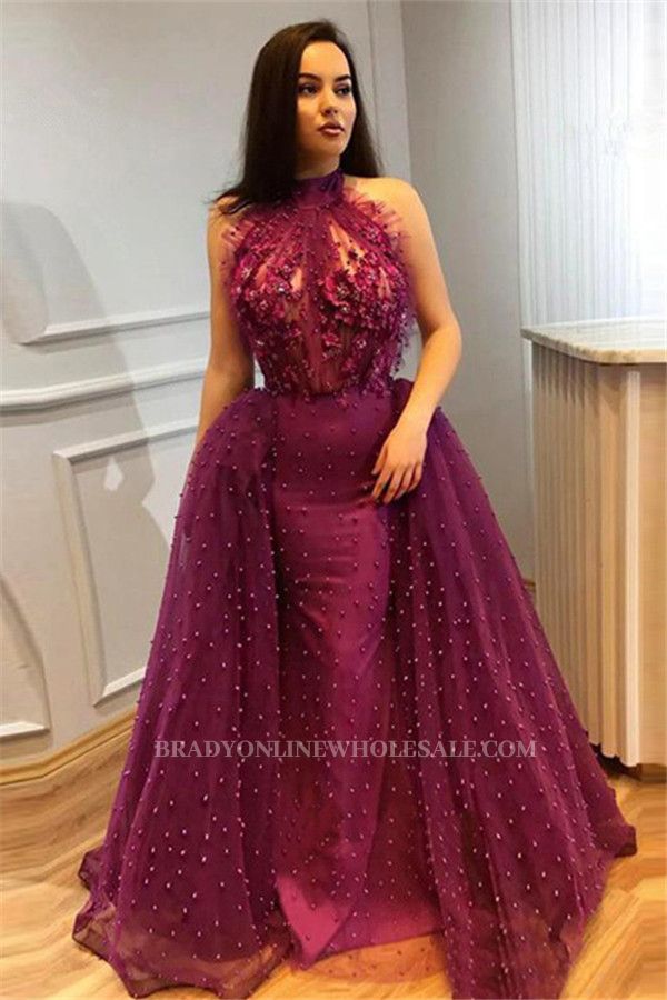 Burgundy High Neck Beaded Long Evening Dresses | Flowers Sleeveless Overskirt Evening Gowns