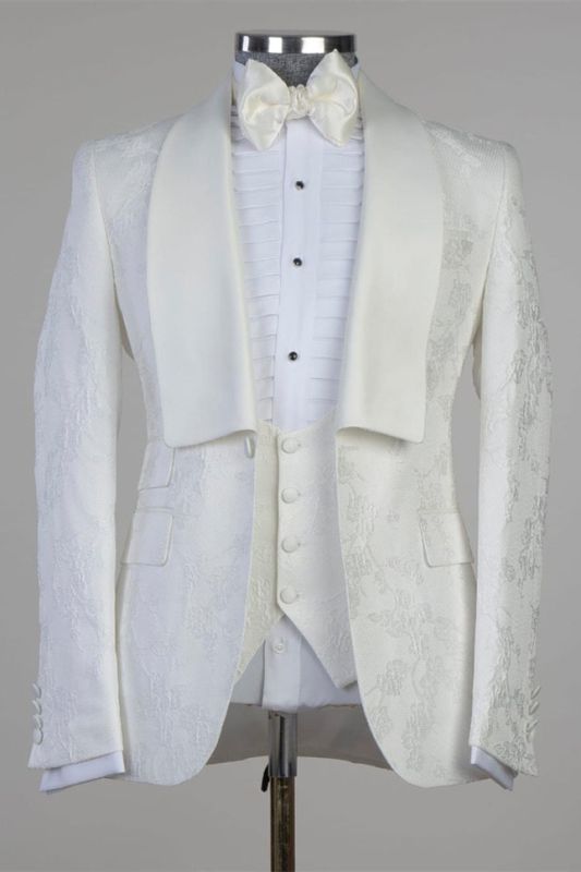Latest Design White Jacquard Shawl Lapel One Button Wedding Suits