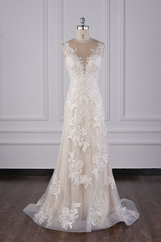 Bradyonlinewholesale Elegant Jewel Tulle Lace Wedding Dress Appliques Sleeveless Mermaid Bridal Gowns Online