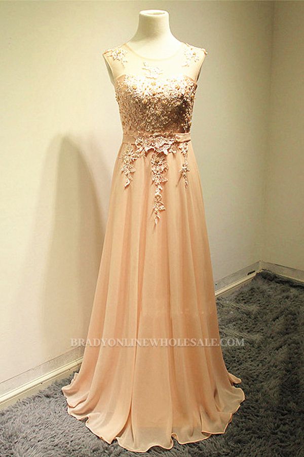 Light Coral Sheer Mesh Long Prom Gowns with Applques Chiffon Popular Evening Dresses