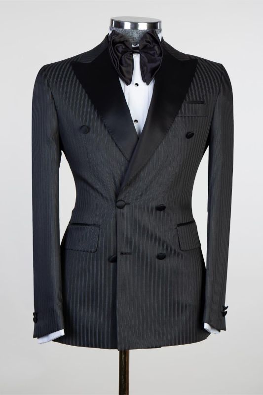 Black Stripe Double Breasted Point Collar Chic Men's Prom Suit
