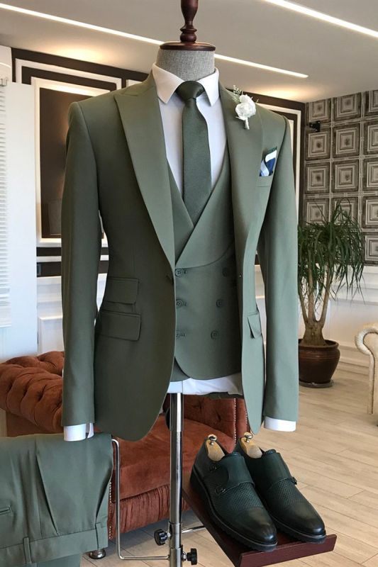 Kent Dark Green 3-Piece Point Lapel One Button Business Suit