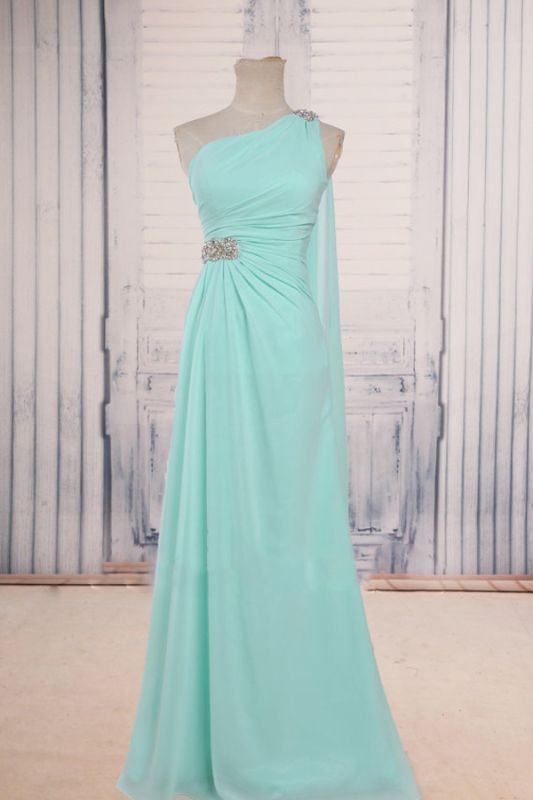 Light Green One Shoulder Elegant Long Evening Dresses with Waist Ruffles Beadings Prom Dresses