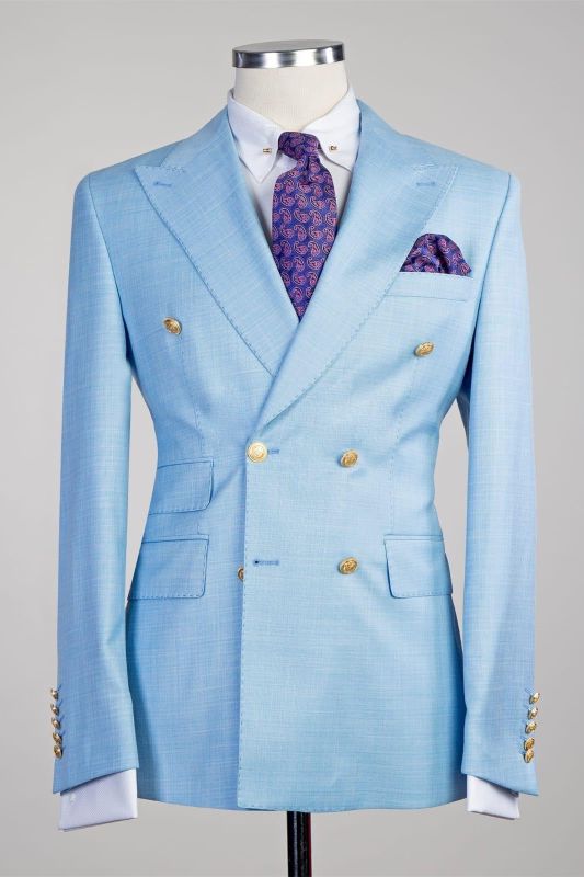 Sky Blue New Arrival Peaked Lapel Double Breasted Two Pieces Prom Suits