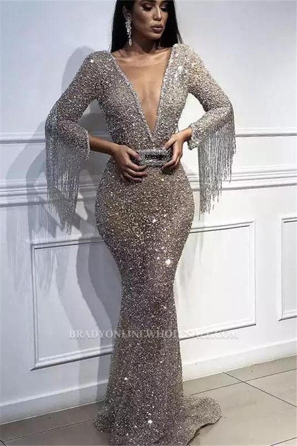 Luxury Deep V-Neck Mermaid Evening Dresses | Long Sleeves Sequins Crystal Prom Dresses with Tassels