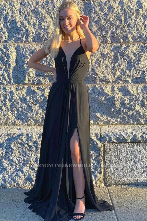 Sexy Spaghetti Straps Black Side Slit Prom Dress