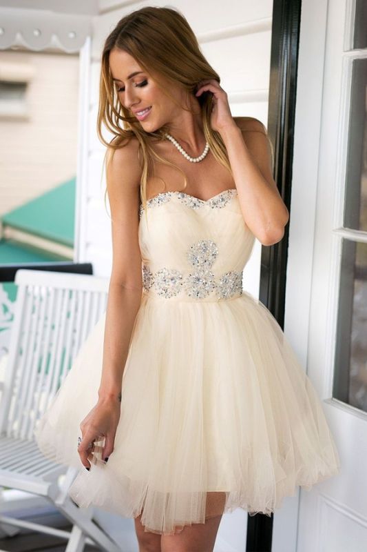 Strapless Cute Tulle Short Homecoming Dresses Crystal Beading Lovely Prom Dresses