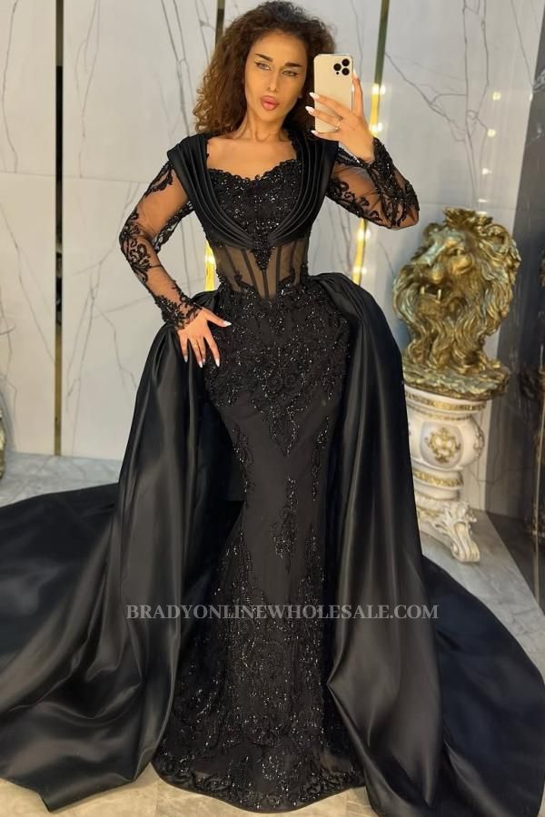 Designer Evening Dresses Long Lace Black Ball Gowns with Sleeves