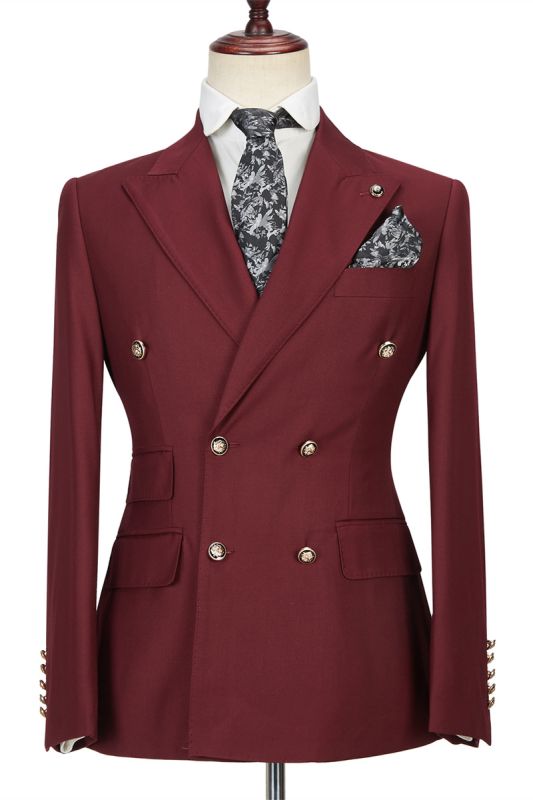 Luman Stylish Double Breasted Burgundy Peak Lapel Mens Formal Suit