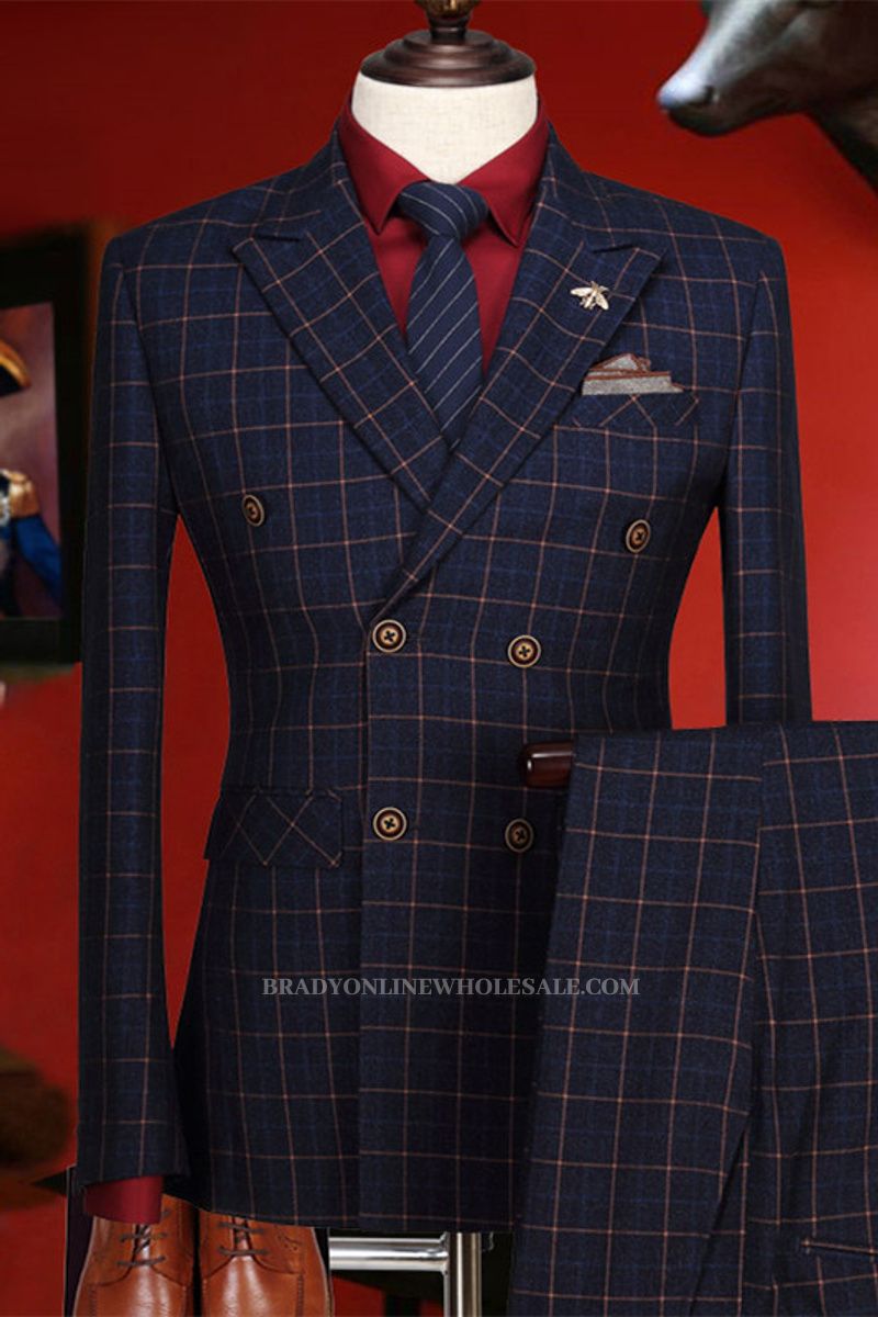 Terry Dark Blue Check Point Lapel Double Breasted Prom Suit