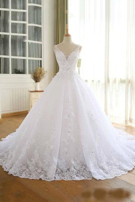 Luxury Lace Beaded Wedding Dresses V Neck Straps Long Ball Gown Wedding Party Bridal Dress