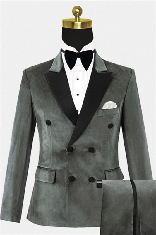 Mens Grey Velvet Prom Suit | Double Breasted Mens Suits for Sale at
