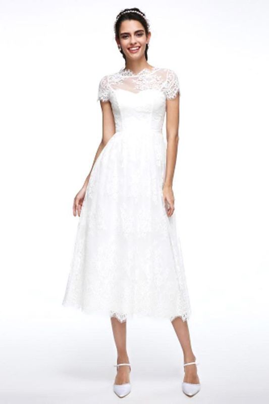 A-Line Wedding Dresses Jewel Neck Tea Length Lace Short Sleeve Simple Casual Illusion  Backless
